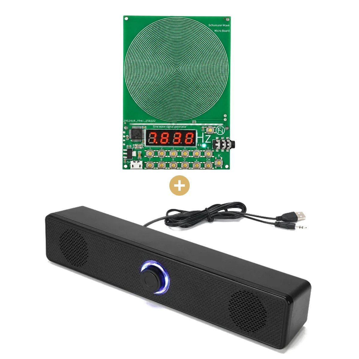 Frequency generator + USB speaker pack with built-in jack cable